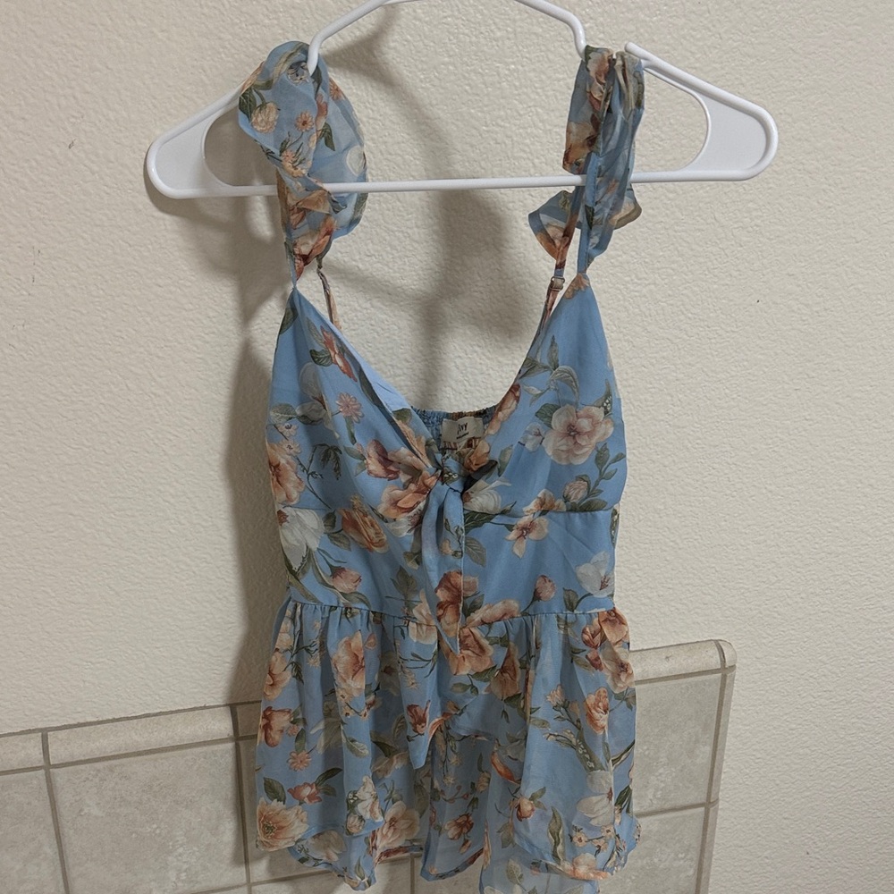 Privy Floral Ruffle Strap Blouse in Blue